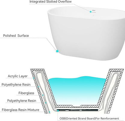 FerdY 47" Bali Acrylic Freestanding Bathtub, Gracefully Shaped Freestanding Soaking Bathtub, cUPC Certified, Toe-Tap White Drain and Minimalist Linear Design Overflow Included