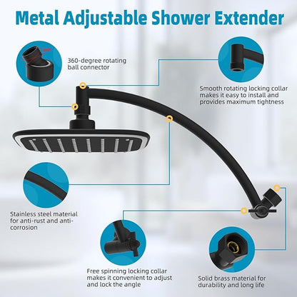 Rain Shower Head with 12" Shower Head Extension Arm, 10" High Pressure Boosting Rainfall/Fixed Showerhead 2.5 GPM, Metal Shower Arm Extender Adjustable Height Angle, Easy Installation, Matte Black