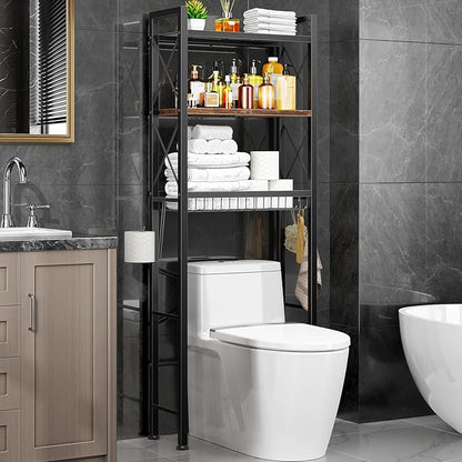 Over The Toilet Storage with X Shape Side Guardrail, 3-Tier Over Toilet Storage Rack with Drain Basket, Freestanding Bathroom Organizer for Balcony Laundry, Vintage Brown