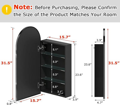 FKWin Arched Black Bathroom Medicine Cabinet with Mirror, Left or Right Opening, Bathroom Vanity Mirrors for Over Sink, Surface Mount Medicine Cabinet not Recessed, Black, 16x31 inch