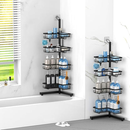 KEGII Corner Shower Caddy Standing – 4-Tier Shower Shelf Organizer with Hooks & Soap Holder, Free-Standing Bathroom Storage Rack for Shampoo & Toiletries, Black