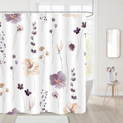Gibelle Small Stall Shower Curtain 36 x 72, Narrow Half Watercolor Floral Fabric Shower Curtain, Plum Beige Flower Decorative Bathroom Shower Curtain Set