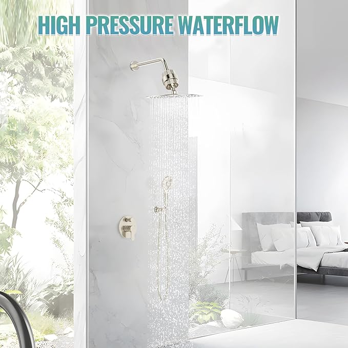 SunCleanse Shower System - 12 Inch Dual Filtered Rainfall Shower Head Combo- High Pressure 3 Spray Mode Showerhead-Included Rough in Valve and Trim Kit, Brushed Nickel