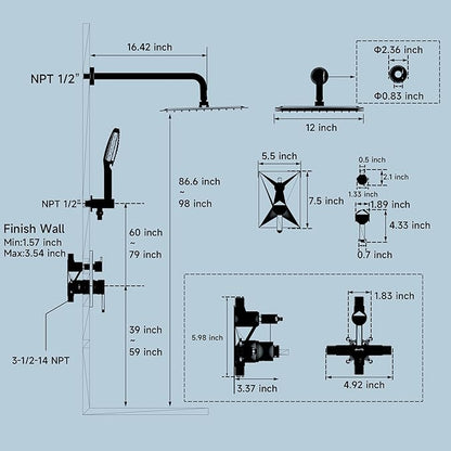 Shower Faucet Set - 12 inches Rain Shower System with 6 Function Handheld Shower Head Rough in Pressure Balance Valve Kit - Stainless Steel Bathroom Shower Kit Complete Brushed Gold