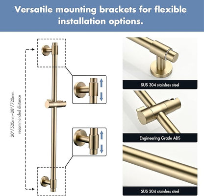 Adjustable Shower Slide Bar with 5-Function Handheld Shower Head, Stainless Steel Grab Slide Bar Combo with Extra Hose (Brushed Gold)