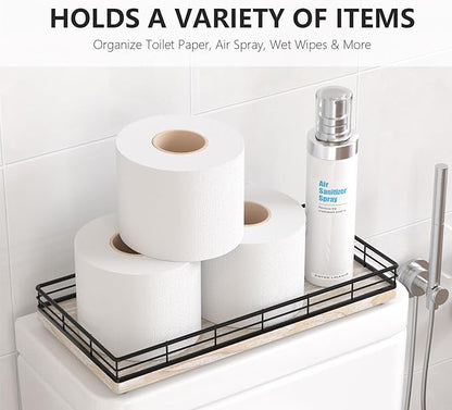 Toilet Paper Basket Organizer – Ash Wood Toilet Tank Tray with Metal Frame, Back of Tank or Top Bathroom Counter Storage – Black & Whitewashed Modern Decor