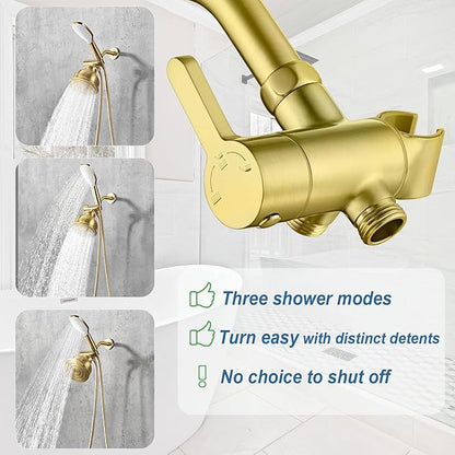 3 Way Shower Diverter Valve with Hand Shower Holder, G1/2 Shower Head Splitter, Shower Arm Diverter (Gold)