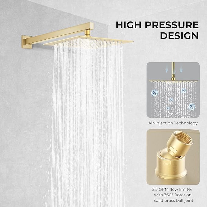 10 Inch Rain Shower Head, Square Rainfall & High Pressure, 304 Stainless Steel, 1/16" Ultra Thin, Waterfall Full Body Coverage with Silicone Nozzle, Brushed Gold