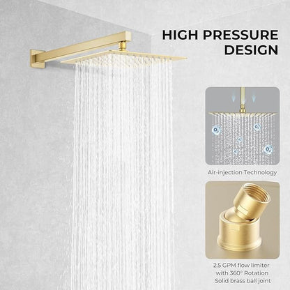 10 Inch Rain Shower Head, Square Rainfall & High Pressure, 304 Stainless Steel, 1/16" Ultra Thin, Waterfall Full Body Coverage with Silicone Nozzle, Brushed Gold