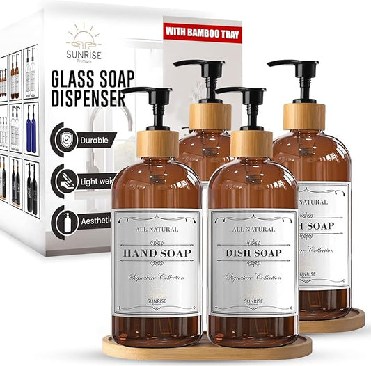 16 OZ Thick Amber Glass Soap Dispenser, Bamboo Pump with Tray 4 Pack, Hand and Dish Soap Dispenser Set for Bathroom with 12 Waterproof Labels