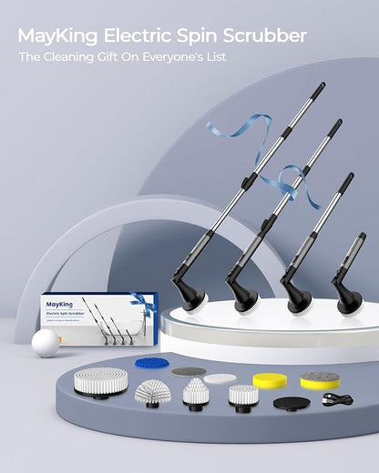 MayKing Electric Spin Scrubber with 9 Brush Heads, 3-Angle & 4-Length Adjustable Cordless Power Scrubber, 3-Speed & Battery LED Display, Electric Scrubber for Cleaning Bathroom Bathtub Floor Tiles