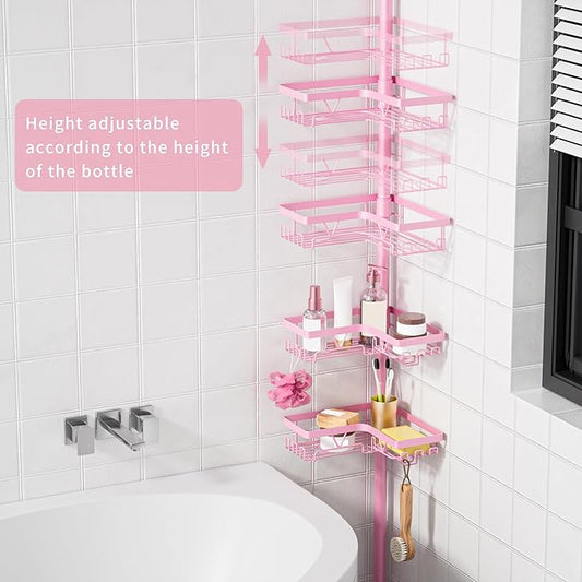 KEGII Shower Caddy Tension Pole, 4-Tier Rustproof Adjustable Corner Bathroom Organizer for Renters, 25–114.2 Inch No Drill Space-Saving Shower Storage Rack, Pink