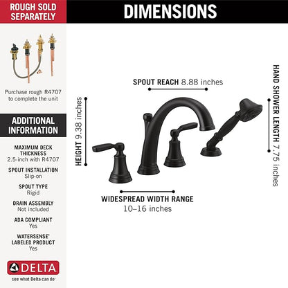 Delta Woodhurst Roman Tub Faucet with Hand Shower, Matte Black Deck Mount Bathtub Faucet, Matte Black T4732-BL (Valve Sold Separately)