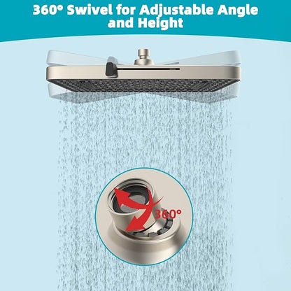 Hibbent 5 Spray Modes Shower Head, 13'' High Pressure Rain Shower Head, Large Rainfall Showerhead, High Flow Waterfall Bathroom Fixed Showerheads, Adjustable Swivel Ball Joint, Brushed Nickel