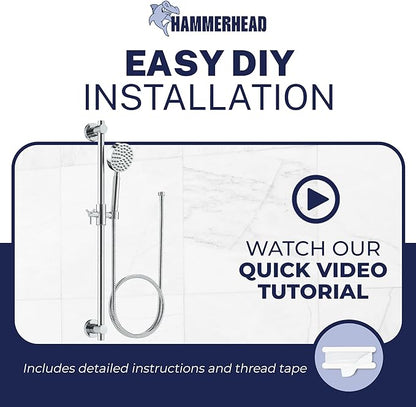 HammerHead Showers® SOLID METAL 27.5 Inch Shower Slide Bar Set and Handheld Shower Head with Hose — CHROME — 1.75 GPM Low Flow Spray Wand — Easily Adjust Height & Angle of Handshower