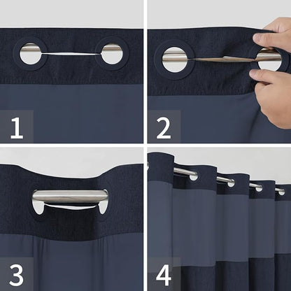 No Hooks Needed Linen Textured Shower Curtain with Snap-in Fabric Liner Set,Hotel Luxury Decor Waterproof Shower Curtains for Bathroom with Mesh Top Window,Washable,71Wx74H,Navy Blue