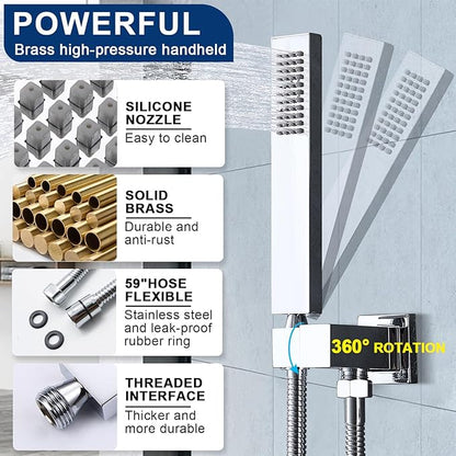 Dual Rain Shower Head Thermostatic Luxury Spa Shower System And Ceiling Mount 14x20 Inch LED 4 Functions with 6 Inch Wall Head Shower Faucet Set,Polished Chrome