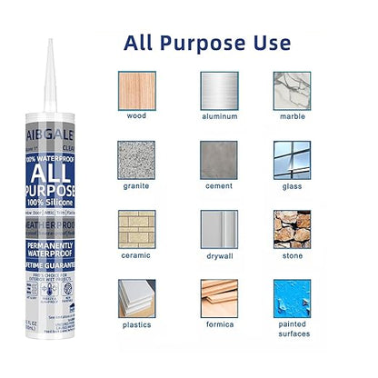 4 Pack of Clear Silicone Sealant, All-Purpose 100% Waterproof Silicone Caulk - 10.1 oz Cartridge, Adhesive Caulking Tool for Indoor & Outdoor Windows, Aquarium, Bathroom Auto Leak Seal (4)