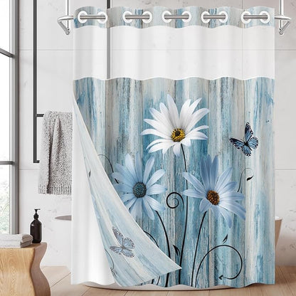 No Hook Blue Daisy Shower Curtain with Snap in Fabric Liner Set, Wooden Boards Double Layers Waterproof Fabric with See Through Top Window Open Grommet Bath Curtain 71x74 Inch