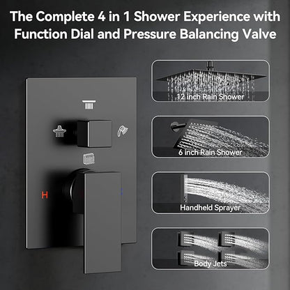 Shower System with Body Jets, Bostingner Four Modes Shower Faucet 10+6" Rain Shower Head with Handheld Spray 2 Ways, 4Pcs Shower Jets System in Wall Shower Faucet Sets Complete, Matte Black