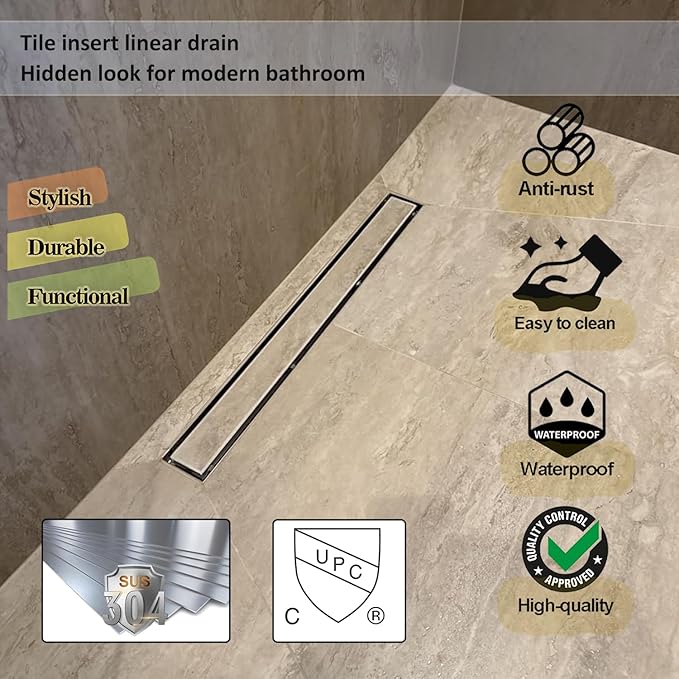 Neodrain 28-Inch Linear Shower Drain with Tile Insert Grate, Professional Brushed 304 Stainless Steel Rectangle Shower Floor Drain Manufacturer, Linear Drain with Shower Drain Base