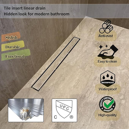 Neodrain 18-Inch Linear Shower Drain, Brushed 304 Stainless Steel, Silver, Modern Style, Removable Grate, Adjustable Feet, 2" Central Outlet, 36 L/min Flow, Fits US No-Hub Drain Base System