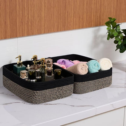 Large Shallow Organizing Baskets 15x11x5.1 Inches - Rope Woven Storage Bins for Bathroom, Shelves, Cube Closet, Black Woven Brown 3 Packs