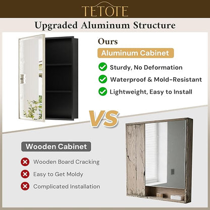 TETOTE Brushed Nickel 16" x 24" Recessed Medicine Cabinet Bathroom Mirror with Storage Medicine Cabinet with Beveled Frame Adjustable Shelves Wall-Mounted