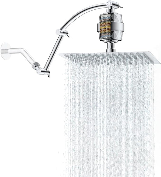 Hibbent All Metal Rain Filtered Shower Head, 12'' High Pressure Rainfall Showerhead with 16" Shower Head Extension Arm, 20 Stage Shower Filter, Solid Brass Adjustable Shower Arm Extender, Chrome