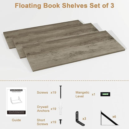 Fun Memories Floating Shelves, 32 x 8 Inches, Set of 3 Wall-Mounted Bookshelves with Metal Brackets, Decorative Storage for Home and Office (Grey)