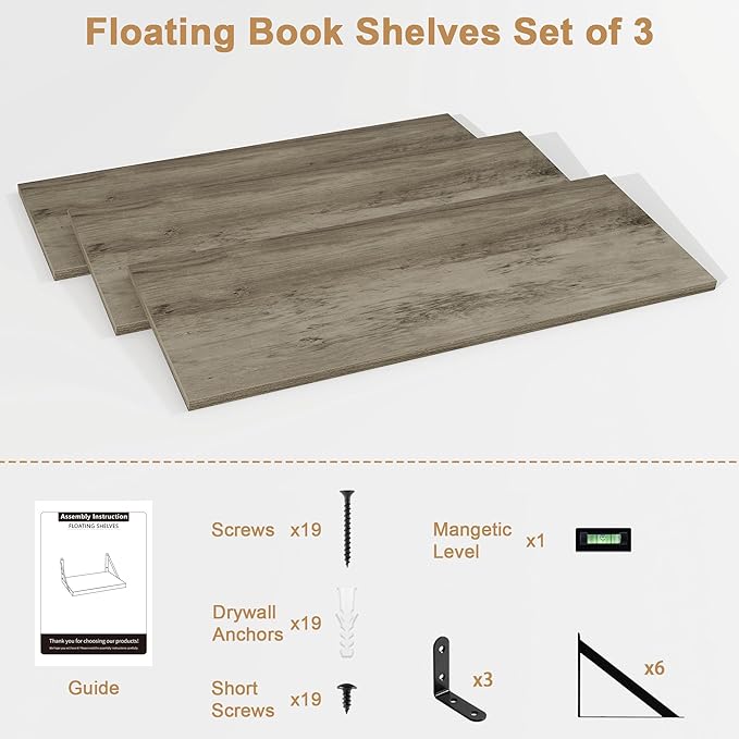 Fun Memories Long Wall Shelves for Bedroom, Set of 3 Large 40-Inch Floating Bookshelves, Rustic Wood Display Shelf for Home and Office (Grey)