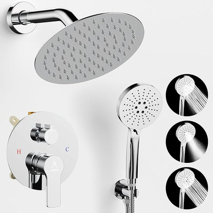 Shower Faucet Set 8IN Brass Rough-In Valve Body Trim Kit Rainfall Included Handle Accessories Complete 2 Functions with Rain Head and Handheld Bathroom Systems (8‘’, Chrome Polished)