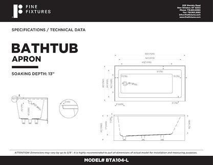 Fine Fixtures Acrylic, Fiberglass Alcove Soaking Bathtub with Integral Apron Front - Drain Included (60" x 30", Left Hand, Black)