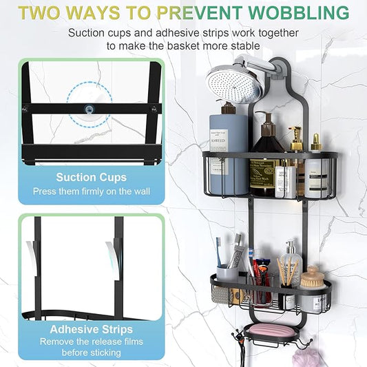 Kadolina Bathroom Hanging Shower Organizer, Over Head Shower Caddy Shower Storage Rack Basket with Hooks for Razor and Sponge Rustproof, Black [Patented]
