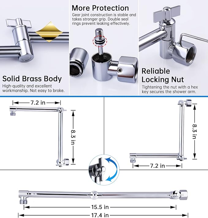 G-Promise 16 Inch Shower Head Extension Arm, Solid Brass Height & Angle Adjustable Extender, Rise or Lower Rainfall and Fixed Shower Head (Chrome)