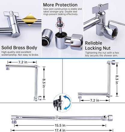 G-Promise 16 Inch Shower Head Extension Arm, Solid Brass Height & Angle Adjustable Extender, Rise or Lower Rainfall and Fixed Shower Head (Chrome)