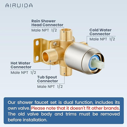Airuida Shower Faucet Set and Handle Set Single Function Shower Trim Kit Ceiling Mount Rainfall Shower System with Male Threads and Rough-in Valve 12 Inch Square Shower Head Brushed Nickel