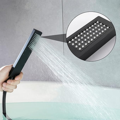 Wall Mount Tub Filler Matte Black Waterfall Tub Faucet with Sprayer, Brass Bathtub Wall Faucets with Hand Shower, High Flow Tub Spout, Bath Tub Faucet Set 2 Handles - JIAENLEMA