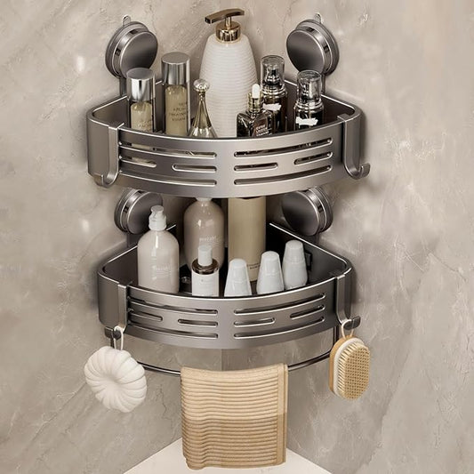 VOLPONE Corner Shower Caddy Suction Cup Shower Shelf Corner No Drilling Bathroom Shower Organizer Storage Rack Adhesive with Towel Bar Hooks (2-Pack, Matte Gray)