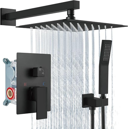 Aolemi Shower Faucet Set Rain Shower System with Handheld Spray Bathroom Shower Combo Rough-in Valve and Shower Trim Kit Included Matte Black 10 Inch Wall Mount Shower Head
