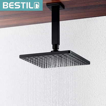 BESTILL 6 Inch Matte Black Ceiling Mount Shower Arm and Flange, Square Rain Shower Arm