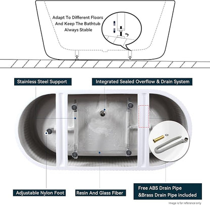 FerdY Nami 67" Acrylic Freestanding Bathtub, V Shape Freestanding Soaking Acrylic Bathtub, Modern White, cUPC Certified, Polished White Pop-Up Drain