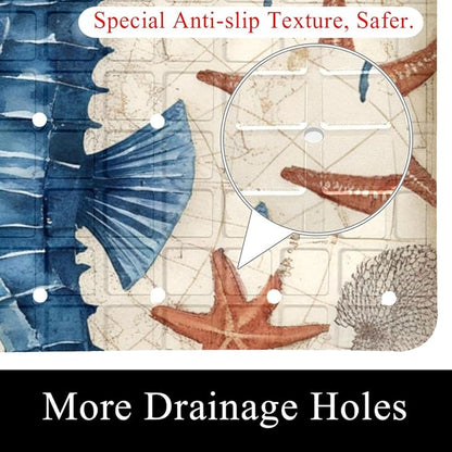 Bathtub Mats for Shower Tub, Anti-Slip Bath Mats for Inside Tub, Bathroom Shower Mats with Drain Holes and Suction Cups (Watercolor Marine Seahorse Vintage Map Background)