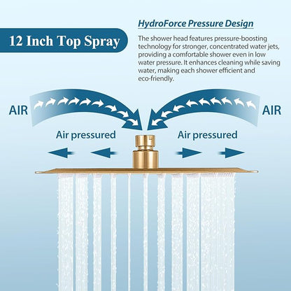 Brushed Gold Square Shower Head with Handheld Set, Rainfall Shower System Modern Wall Mounted Shower Faucet for Bathroom 12 inch (With Shower Valve)