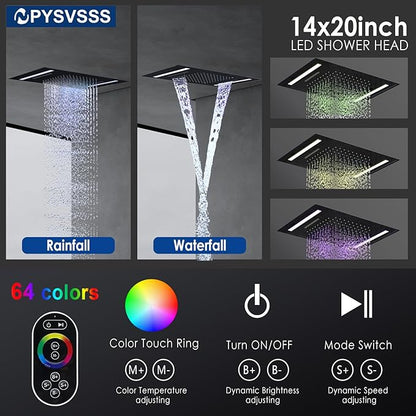 Multi Full Body Thermostatic Luxury Spa Shower System And 14x20 Inch LED 4 Functions Faucet Set, Rainfall Spray Waterfall Can Be Turned On Simultaneously,Matte Black