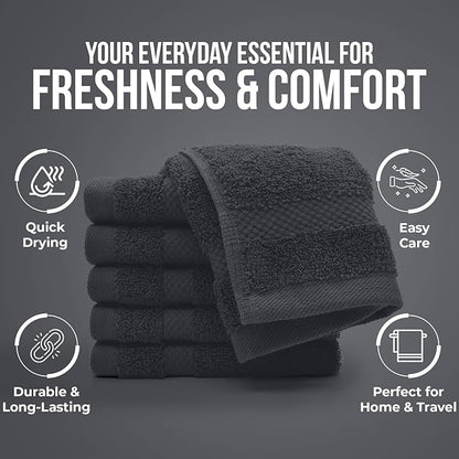 DAN RIVER 12-Pack Premium 100% Cotton Dark Gray Face Towels – Reusable Face Towel Set, Soft & Absorbent Small Wash Cloths for Bathroom & Body – Hand and Face Towels, 550 GSM (12x12 in)