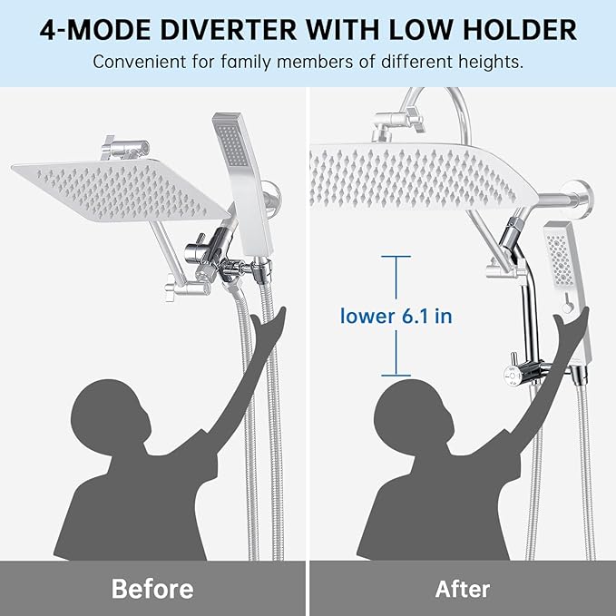 G-Promise All Metal 14 Inch Shower Head with Massage Mode Handheld, Rain Shower Head with Handheld Spray Combo, 3-Way Diverter with Pause Setting, 13 Inch Adjustable Extension Arm (Polished Chrome)