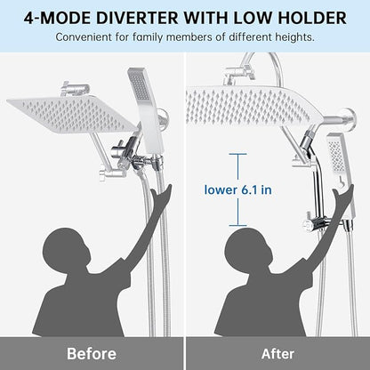 G-Promise All Metal 14 Inch Shower Head with Massage Mode Handheld, Rain Shower Head with Handheld Spray Combo, 3-Way Diverter with Pause Setting, 13 Inch Adjustable Extension Arm (Polished Chrome)