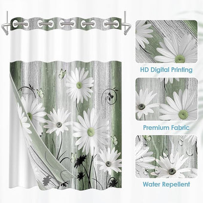 No Hook Green Daisy and Butterfly Shower Curtain with Snap in Fabric Liner Set, Rustic Farmhouse Double Layers Waterproof Fabric with See Through Top Window Open Grommet Bath Curtain 54x80 Inch