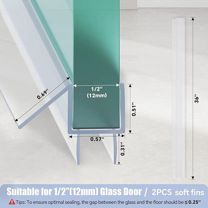 2-Pack Shower Door Bottom Seal, (1/2" x 36") Ultra Clear Glass Shower Door Seal Strip, Stop Leaks and Create a Water Barrier